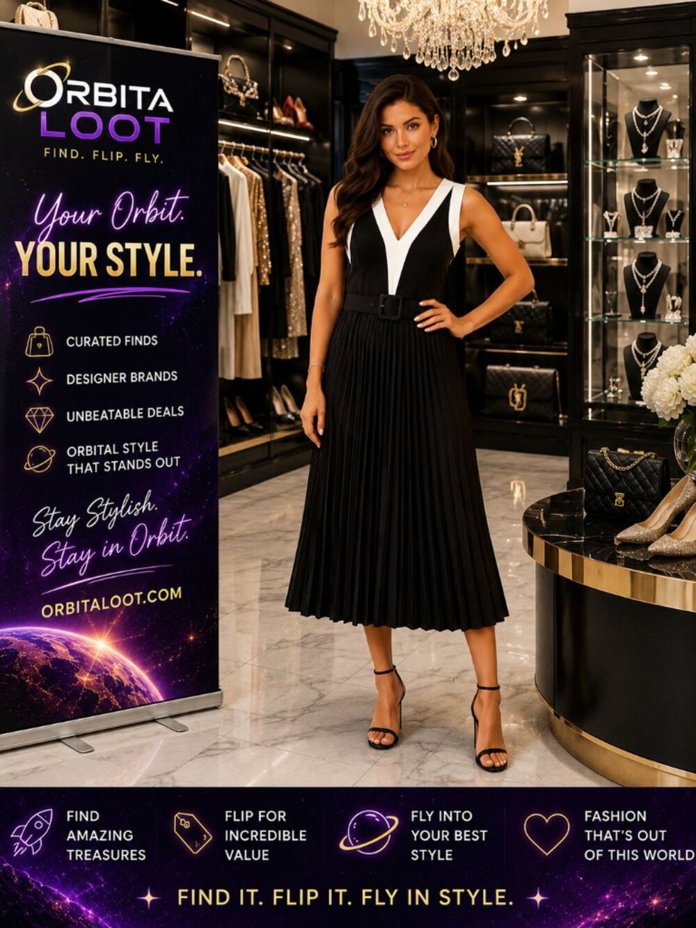 Karl Lagerfeld Paris Black Ivory Belted Pleated Colorblock Business Midi Dress - Picture 2 of 9